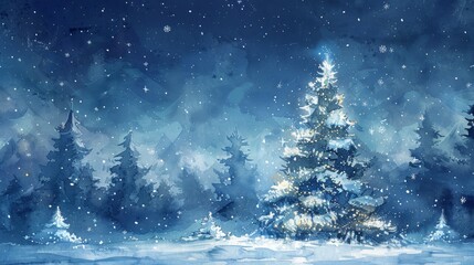 Winter Wonderland Scene with Snowy Trees and Twinkling Lights Generative AI