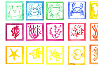 watercolor set of marine plants, crabs and fish with turtles in multicolored individual squares.Poster with nautical creatures and seaweeds