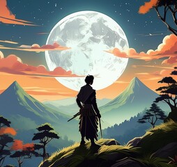 a man standing in a hill overlooking a forest with a large, moon in the background.