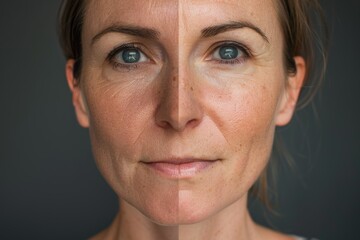 Fototapeta premium Detailed Comparison of Women's Facial Skin Before and After Biorevitalization Treatment