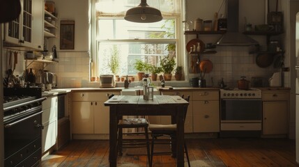 table from the other end of the kitchen, showing the table in the full context of the kitchen space. generative ai