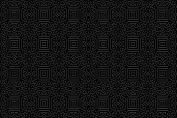 Embossed black background, cover design, banner. Geometric exotic 3D pattern. Tribal designs, arabesques, handmade. Ethnic style of the East, Asia, India, Mexico, Aztec, Peru.