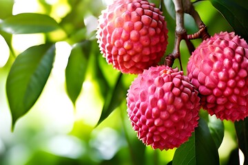 Commercial lychee orchard cultivation and harvesting. Ripe lychee fruits hanging on a tree in a plantation garden.
