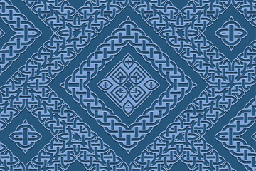Embossed blue background, cover design, banner. Geometric exotic 3D pattern. Tribal designs, arabesques, handmade. Ethnic style of the East, Asia, India, Mexico, Aztec, Peru.