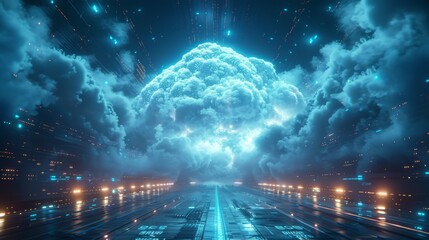Futuristic Holographic Cloud Storage System with Blue Neon Lights in High Detail Digital Art