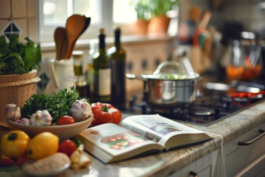 Fresh Ingredients and Dukan Diet Cookbook on Kitchen Counter - Perfect for Healthy Meal Planning and Cooking