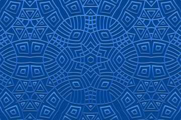 Embossed blue background, cover design, banner. Geometric vintage 3D pattern. Tribal designs, arabesques, handmade. Ethnic style of the East, Asia, India, Mexico, Aztec, Peru.