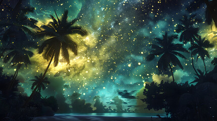 Naklejka premium A serene tropical beach under a mesmerizing starry sky, illustrating a peaceful night with glowing stars and silhouettes of palm trees
