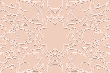 Embossed pink background, cover design, banner. Geometric elegant floral 3D pattern. Tribal designs, arabesques, handmade. Ethnic style of the East, Asia, India, Mexico, Aztec, Peru.