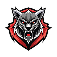 Fototapeta premium A fierce wolf mascot design with red background and white outline, A dynamic design featuring a fierce animal mascot logo