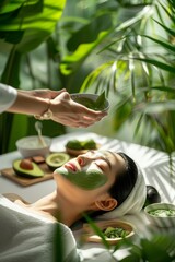 Obraz premium Natural Facial Massage with Avocado and Green Tea in a Bright, Nature-Inspired Spa Setting