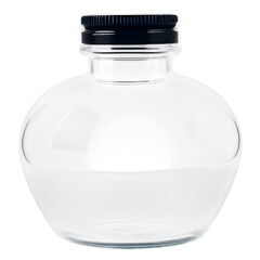 A transparent glass bottle with a round, bulbous shape 