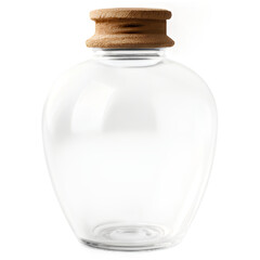 A transparent glass bottle with a round, bulbous shape and a natural cork stopper