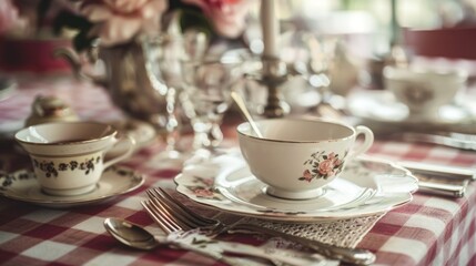 Fototapeta premium antique teacups, lace napkins and silver cutlery, on the mantelpiece and pictures. generative ai