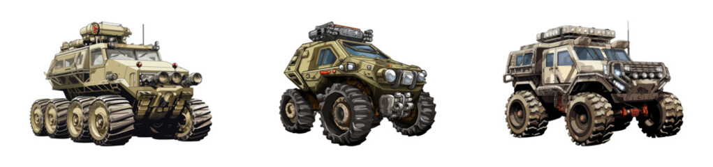 Fototapeta premium Vector illustration of three armored vehicles, emphasizing military and rugged themes.