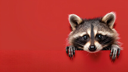 Obraz premium Curious cute baby racoon peeking out with red background