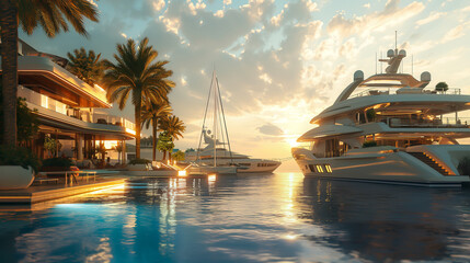 Fototapeta premium Luxury Modern Villa Floats on Water Surface, Man-Made Tropical Island, Yachts. Sustainable Innovative Architecture, Futuristic Premium Living, Ocean Rise Urban Planning, Climate Change, Global Warming