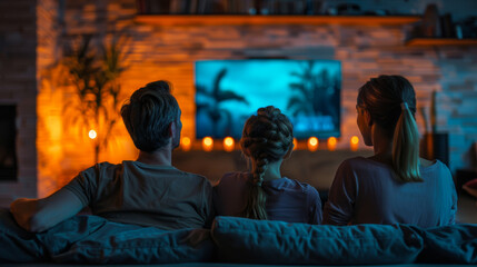 Obraz premium Family Watching TV Together. A family of three sits on a couch, watching TV in a cozy living room with warm lighting, symbolizing togetherness and leisure.