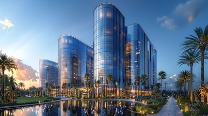 Naklejka premium Futuristic Cityscape with Reflective Glass Buildings against Clear Blue Sky - Urban Architecture Concept