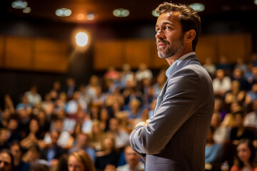 Fototapeta premium Man in a suit delivering a speech at a seminar or conference. He stands confidently in front of an engaged audience in a lecture hall.