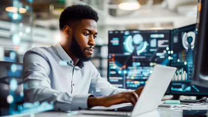A male employee working at a desk with multiple computer screens in a modern office setting, focusing on coding and programming tasks.