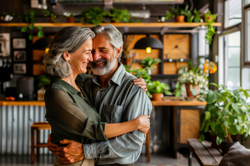 Obraz premium A joyful elderly couple embracing in a cozy and beautifully decorated living room filled with house plants and natural light.