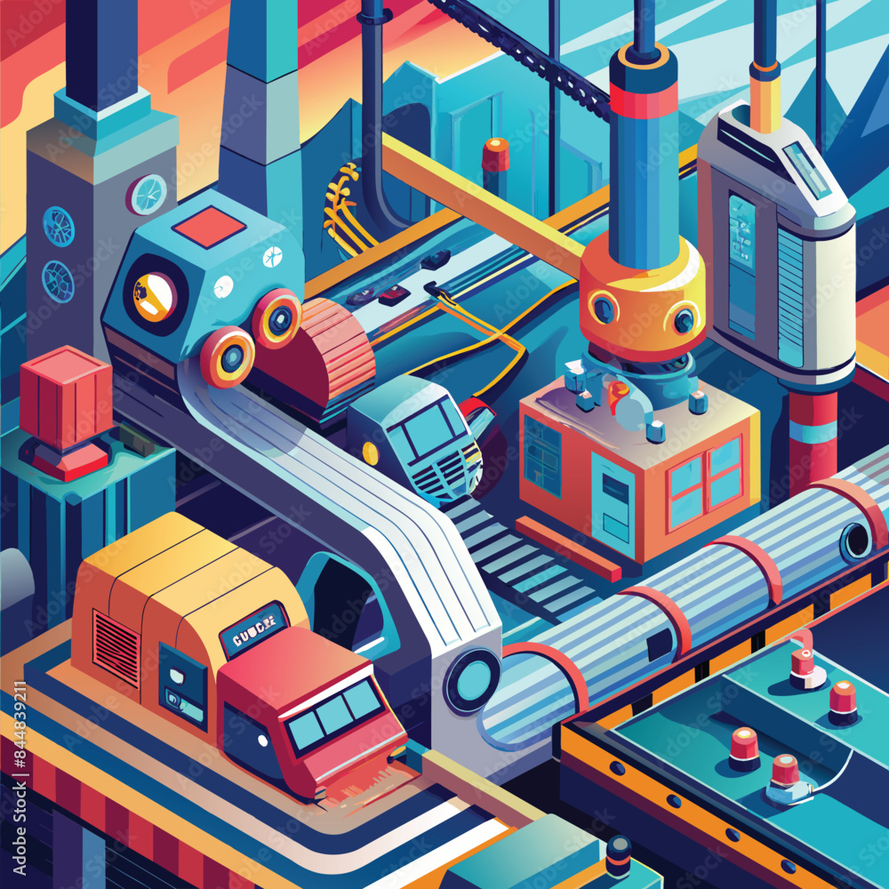 Poster a futuristic factory assembly line with moving parts and machinery, a futuristic interpretation of a