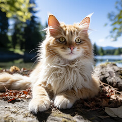 A fluffy red tabby cat with yellow-green eyes sits on rocks on the shore of a lake against the backdrop of a mountain range.