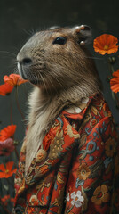 Capybara wearing a floral pattern coat while standing in a field of poppies, anthropomorphism concept