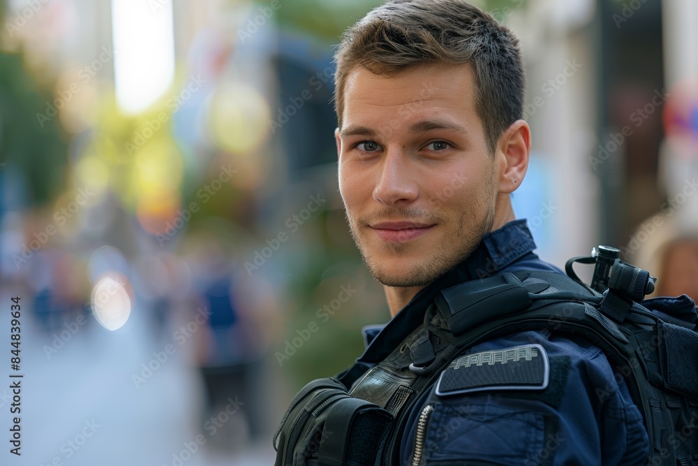 Wall mural Face of a security guard or safety officer for city patrol or protection. Law enforcement, professional crime prevention, or joyful Asian policeman in uniform outdoors