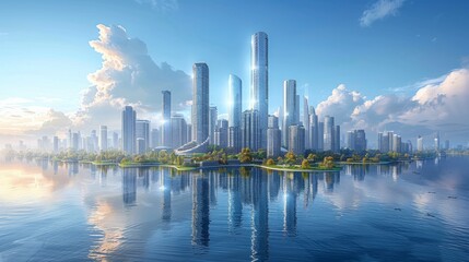 Fototapeta premium Future Cityscape: Modern Glass Skyscrapers in Vibrant Blue Sky