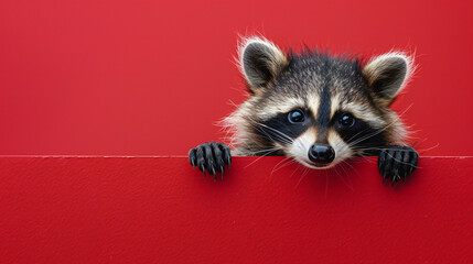 Obraz premium Curious cute baby racoon peeking out with red background