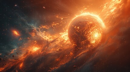 Obraz premium Cosmic Catastrophe: Exploding Planet with Fiery Lava and Debris in Vibrant Space Scene