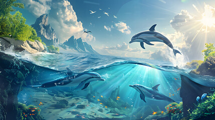 Dolphins in the sea, jumping  above water.