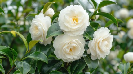 Blooming white and cream double Camellia japonica Gwenneth Morey