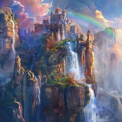 Fototapeta premium a painting of a castle with a waterfall and rainbow