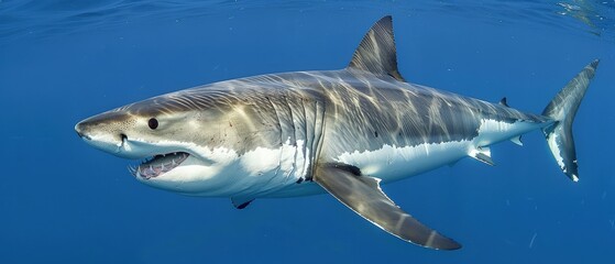 Naklejka premium Blue Serenity, Great White Shark Swimming in Clear Waters