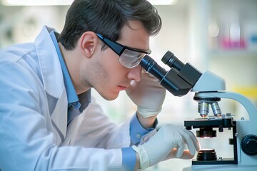 Naukowiec w laboratorium pracujący przy mikroskopie