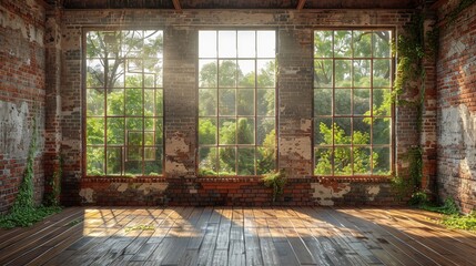 Serene Minimalist Room with Exposed Brick Walls and Large Windows, Embracing Modern Design Aesthetics and Natural Illumination on Wooden Floors
