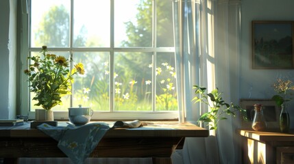 Fototapeta premium table with an open window nearby, letting in natural light and fresh air, highlighting the freshness of the environment. generative ai