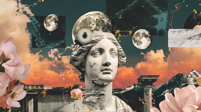 a collage of a statue with flowers and clouds