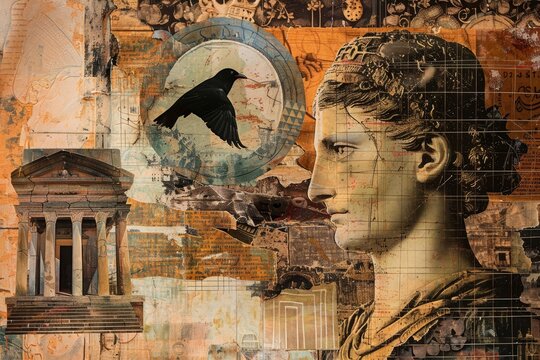 a collage of a woman with a bird on her head