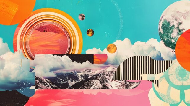 a collage of various images with a mountain in the background