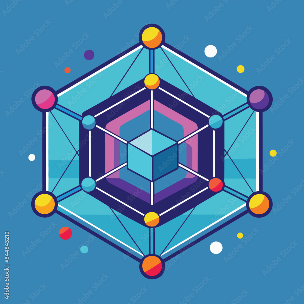 Poster A digitally created illustration depicting a complex geometric shape with interconnected nodes, representing connectivity and collaboration, A geometric shape representing connectivity and innovation