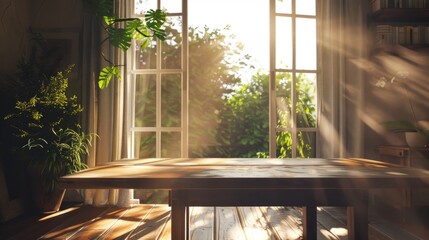 table with an open window nearby, letting in natural light and fresh air, highlighting the freshness of the environment. generative ai