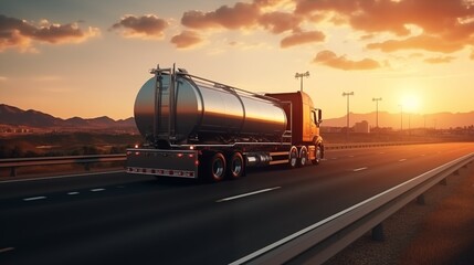 Rear view of big metal fuel tanker truck in motion on the highway shipping fuel to oil refinery against sunset sky.