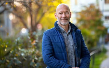 A man wearing a blue jacket and a gray shirt is smiling. He is standing in front of a tree