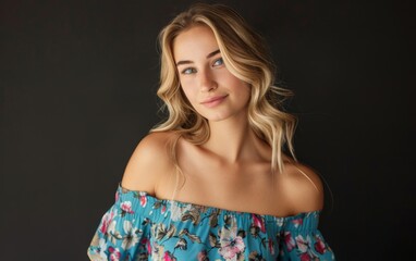 Obraz premium A woman with long blonde hair is wearing a blue floral dress. She is smiling and looking at the camera