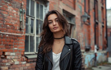 Fototapeta premium A woman wearing a black leather jacket and a necklace stands in front of a brick building. Concept of urban decay and a woman's confidence in her appearance