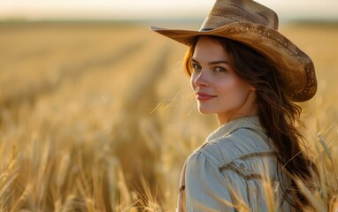 Obraz premium A woman wearing a cowboy hat stands in a field of tall golden grass. She has a smile on her face and she is enjoying the scenery